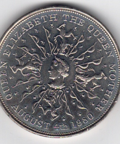 Queen Elizabeth den II 4-8-1980 The Queen Mother sølv mønt vejer 28 gram diameter 39,5 mm. 3,4 mm. tyk